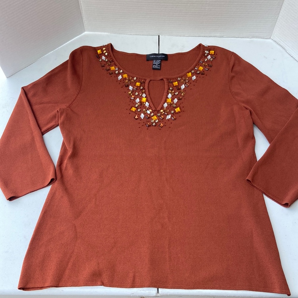 Cable & Gauge Rust Orange Brown Diamanté Stoned Beaded Below Elbow Length Top!